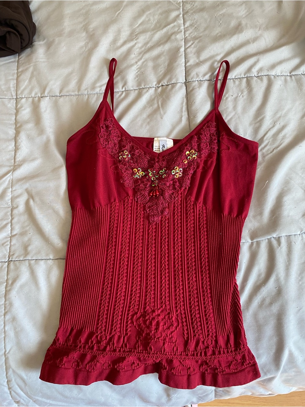 Embellished Red Lace-Trim Ribbed Cami